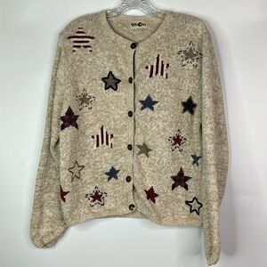 Vintage Winona Cotton Embroidered Star Oatmeal Tan Button Sweater Large